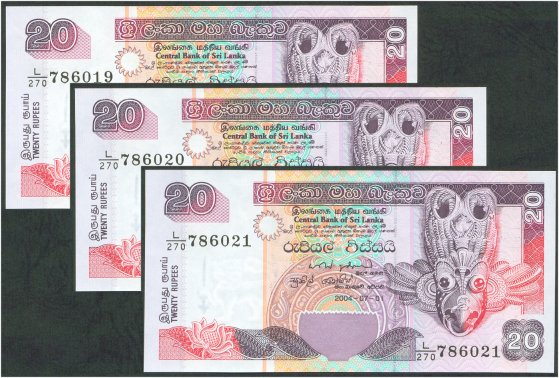 Sri Lanka 20 Rupee - July 2004 : 3 notes in sequence